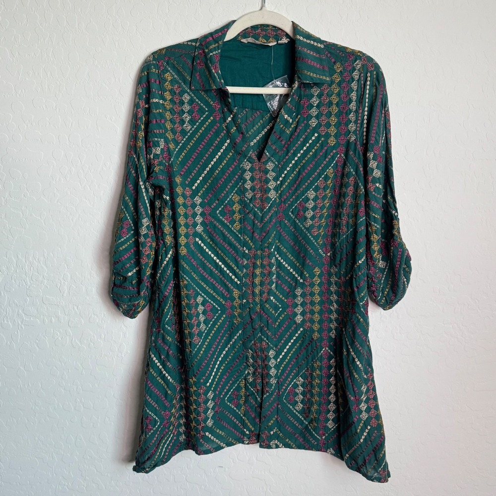 NWT Soft Surroundings Teal Green Geometric Embroidered Tunic Top S Boho Casualā